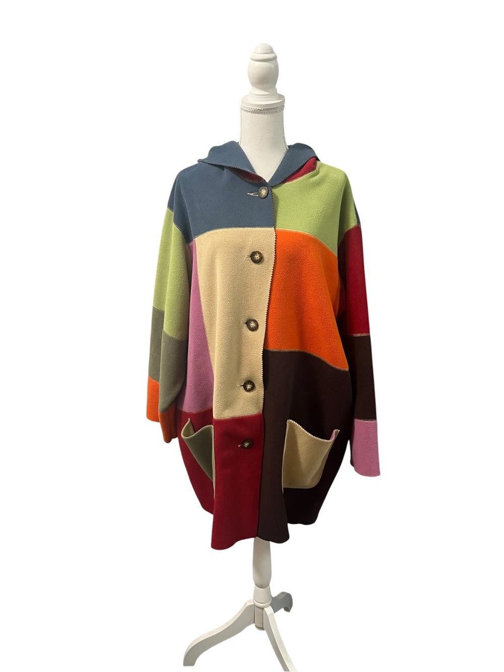 VTG  Susan Bristol Woman Patchwork Colorblock Hooded Fleece Sweater Button Up 3X